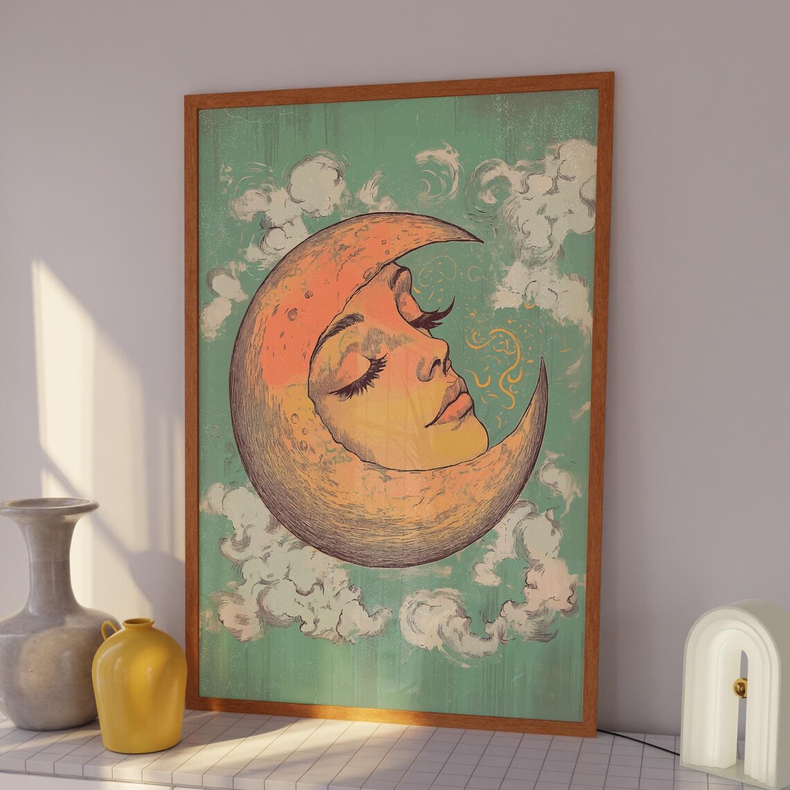 Vintage Celestial Crescent Moon Sleeping Face Bohemian Wall Art