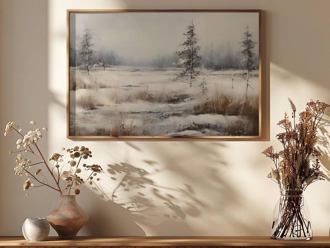 Serene Snowy Winter Field Minimalist Landscape Oil Painting Poster - Image 2