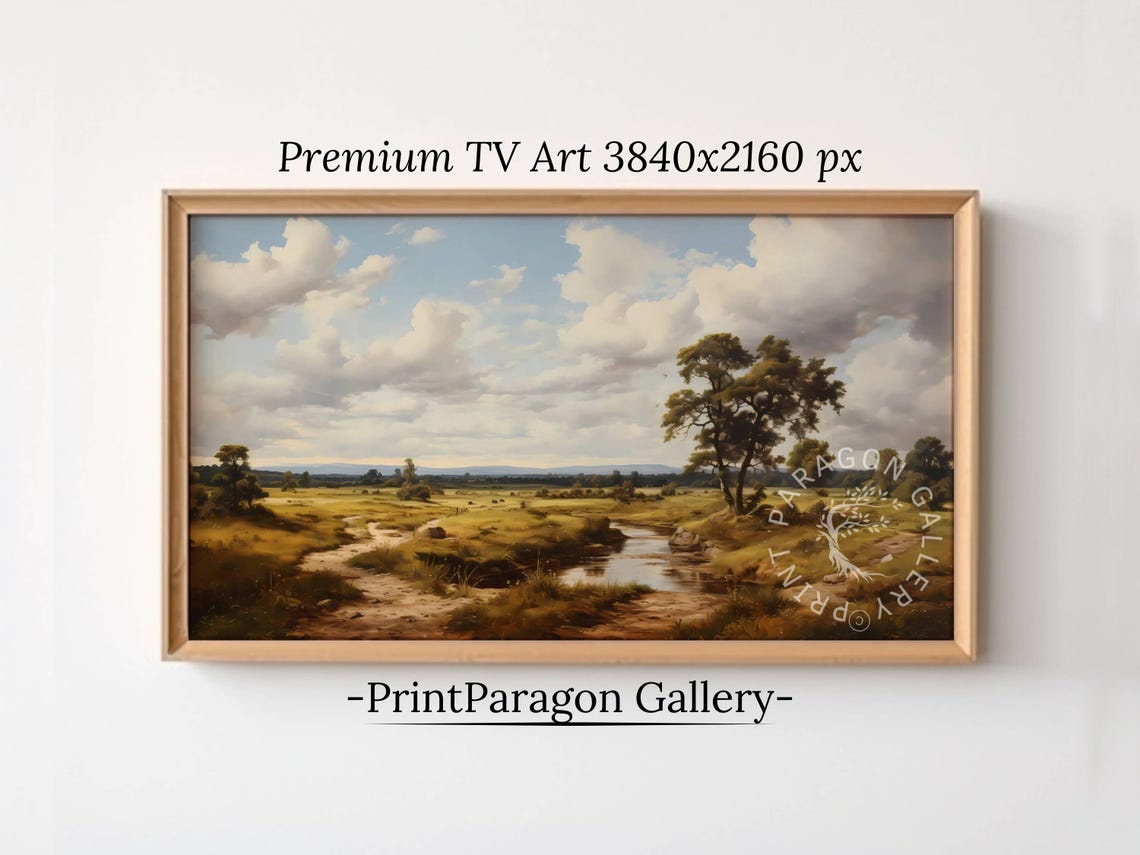 Summer Field with a Winding Stream Under Big White Clouds Wall Art