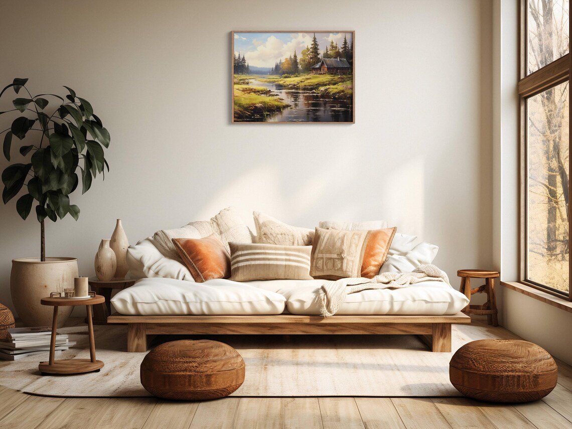 Summer Log Cabin By River Among Pines Green Meadow Oil Painting Rustic Wall Art - Image 2