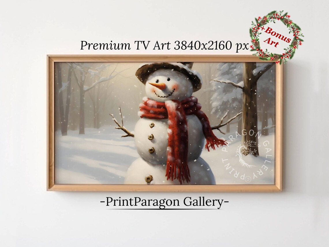 Happy Snowman With Red Scarf in Falling Snow Christmas Poster