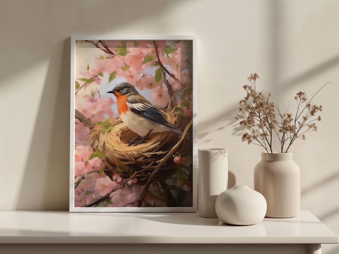 Cherry Blossom Bird Nesting in Spring Blooms Oil Painting Poster - Image 2