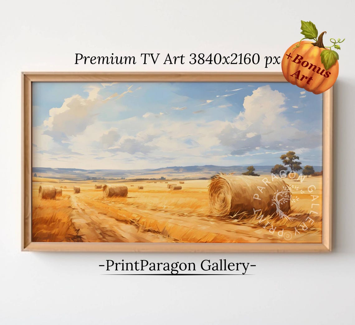 Golden Wheat Field With Round Hay Bales Under Blue Sky Harvest Poster