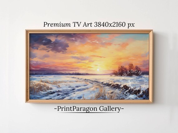 Snowy Meadow Sunset with Vivid Orange and Violet Sky Wall Art