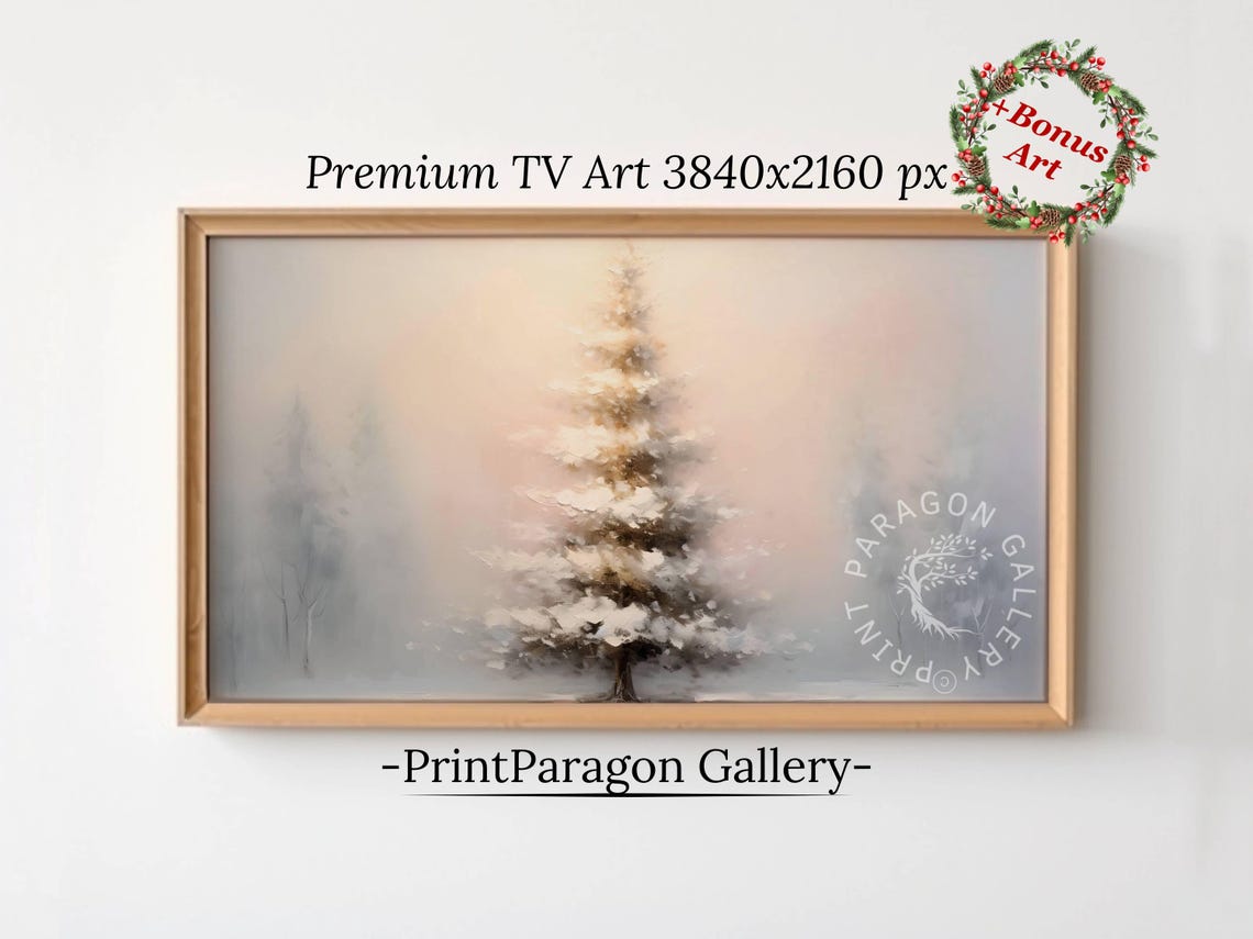 Lone Snow-Laden Pine Rising From a Soft White Winter Mist Poster