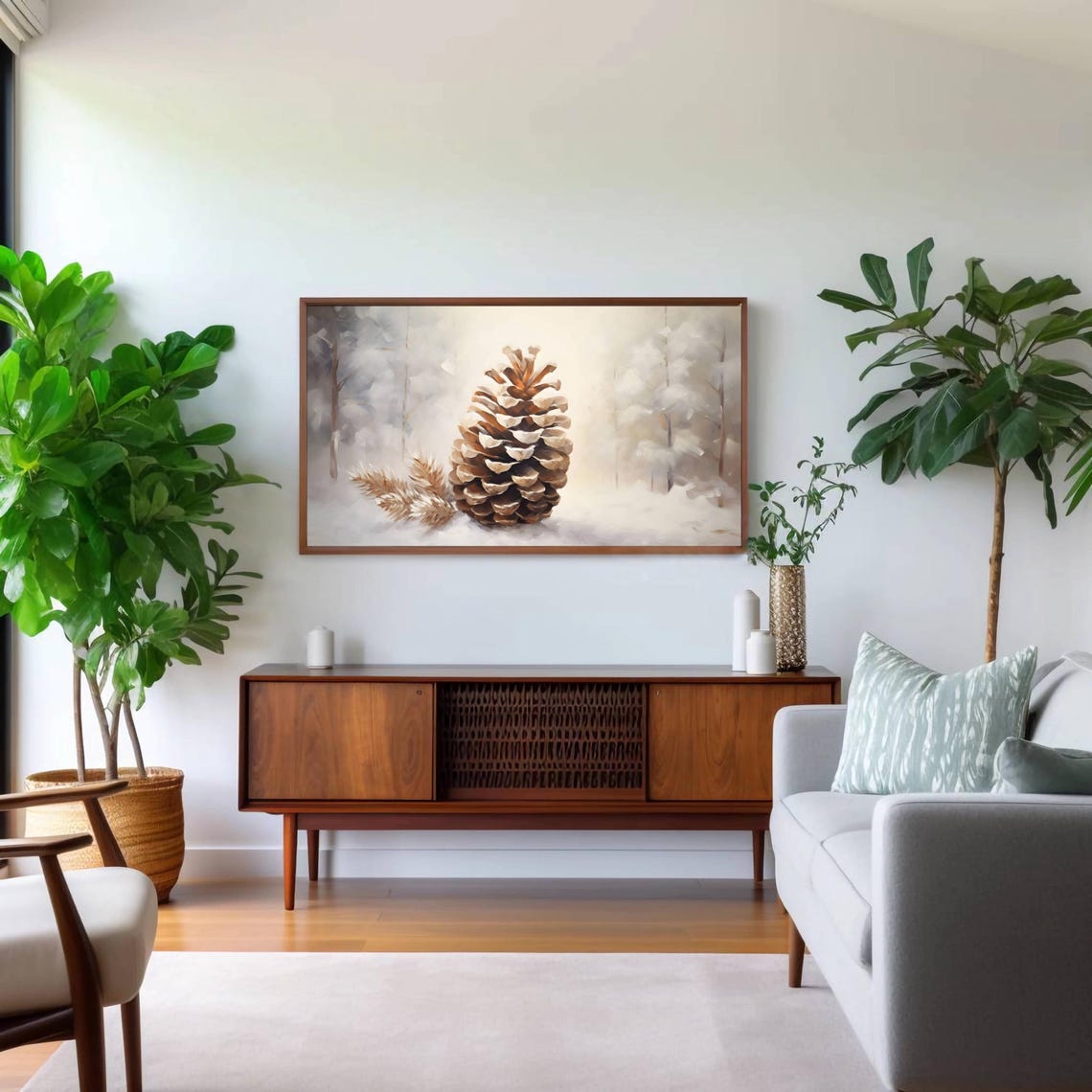 Vintage Pinecone Frame Tv Art Christmas Painting Tv Art Farmhouse Christmas Wall Art Holiday Home Decor Winter Landscape Tv Art - Image 2