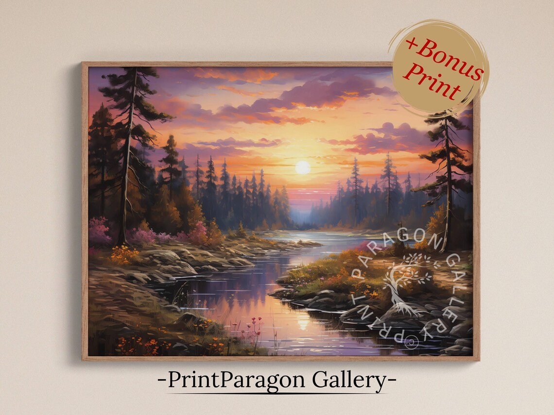 Sunset Over Winding River Pine Forest Purple Sky Oil Painting Nature Wall Art
