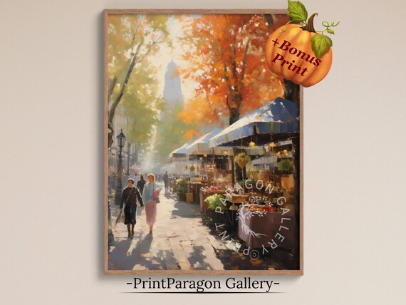 Autumn Market Street with Shops and a Tower in the Distance Wall Art