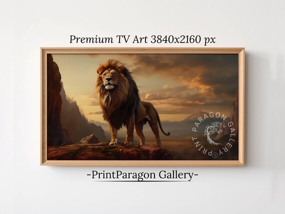 Majestic Lion Standing Tall at Sunset on Rocky Cliffs Wildlife Poster