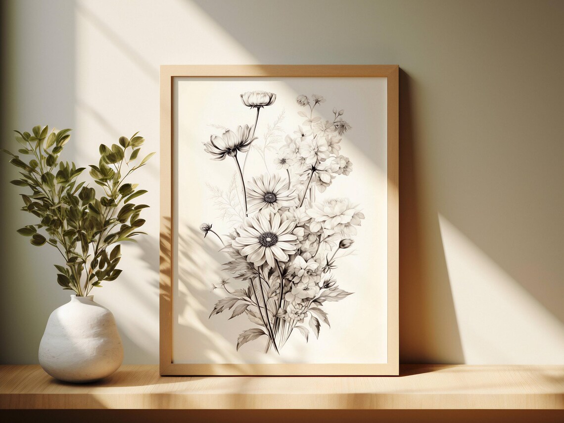 Vintage Wildflower Sketch Ink Blooms Daisies and Cosmos Art Poster - Image 2