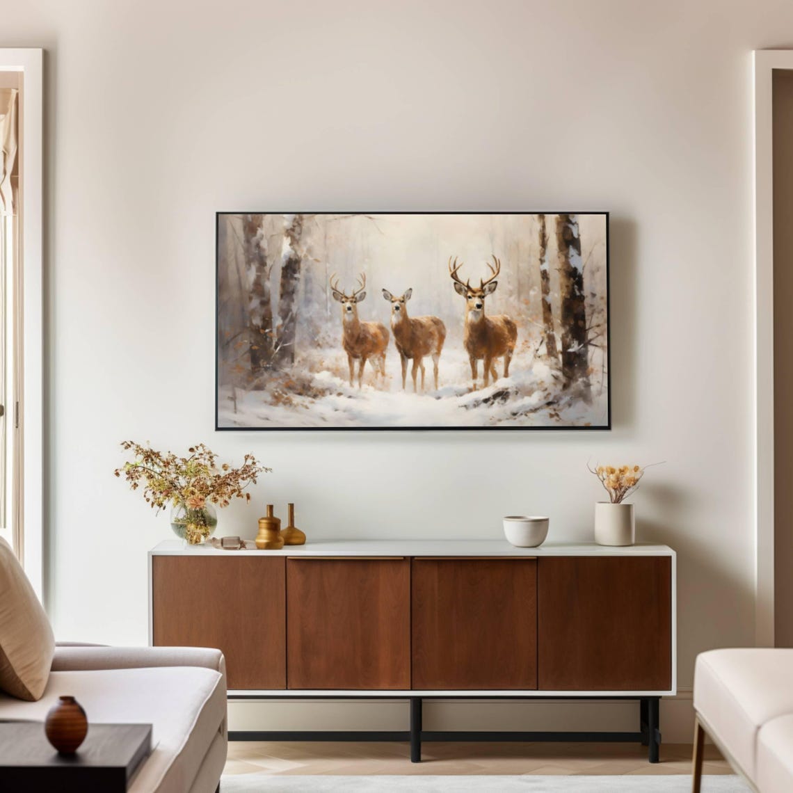 Three Deer With Antlered Bucks Posing in a Snowy Winter Wood Poster - Image 2