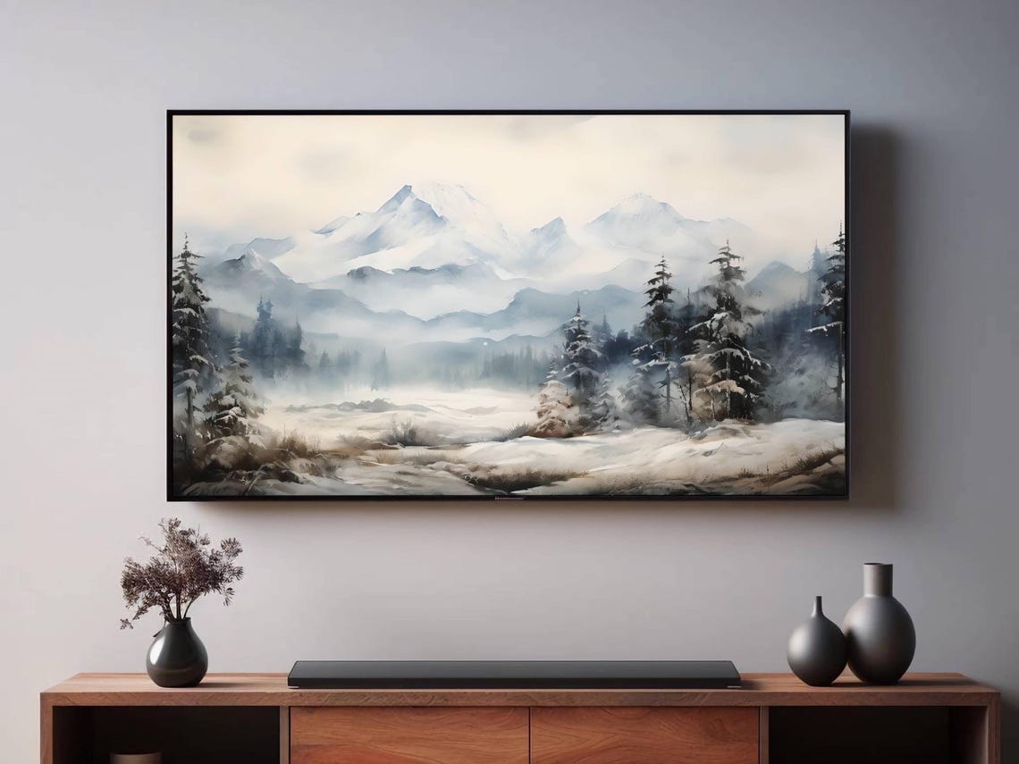 Panoramic Snowy Mountain Winter Watercolor 16x9 TV Art Wall Art - Image 2