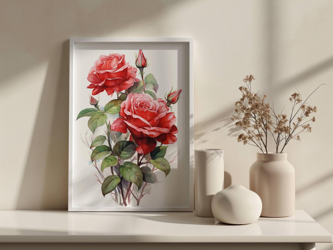 Red and Pink Roses Botanical Watercolor Flower Illustration Poster - Image 2