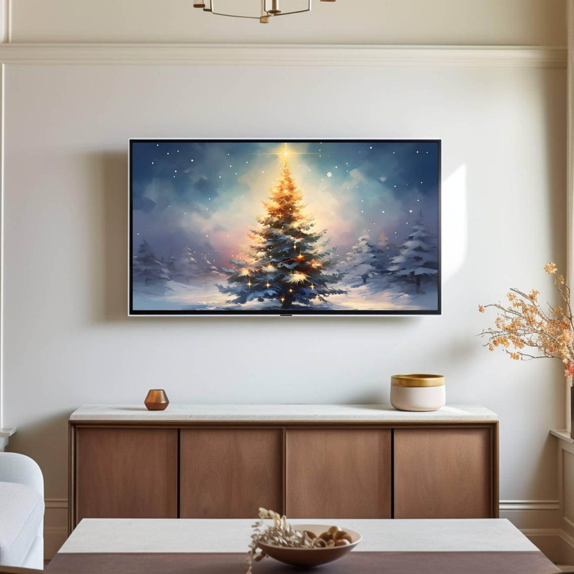 Illuminated Christmas Tree Glowing Under a Starry Snowy Sky Poster - Image 2
