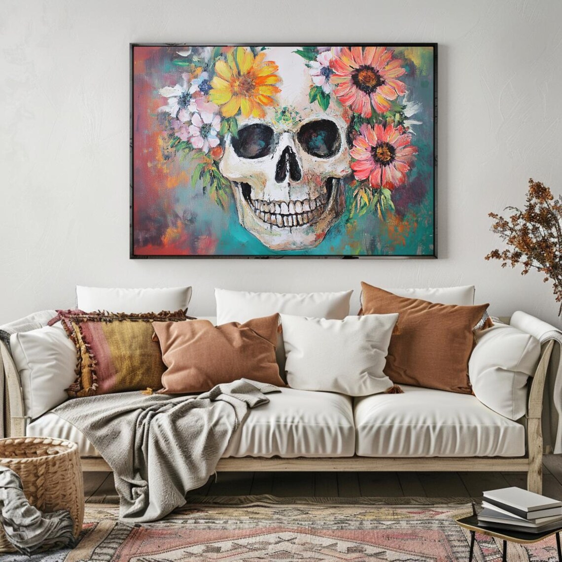 Colorful Floral Skull Still Life Gothic Halloween Wall Poster - Image 6