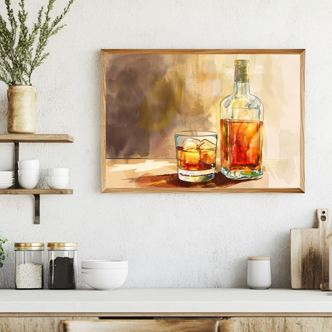 Whiskey Decanter and Rocks Glass with Ice Watercolor Still Life Poster - Image 3