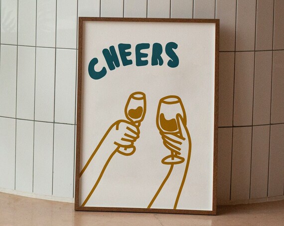 Cheers Print Mustard Yellow Artwork Wall Art Bar Cart Decor New Home Gift Ideas Kitchen