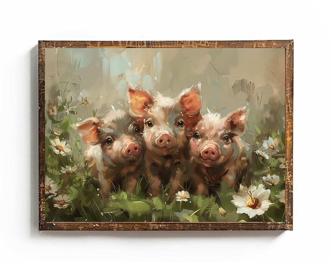 Three Sweet Piglets in a Daisy Field Rustic Wood Framed Art Print