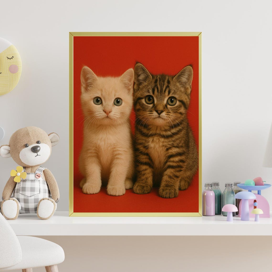Twin Kittens Red Background Fluffy Cat Portrait Adorable Animal Poster