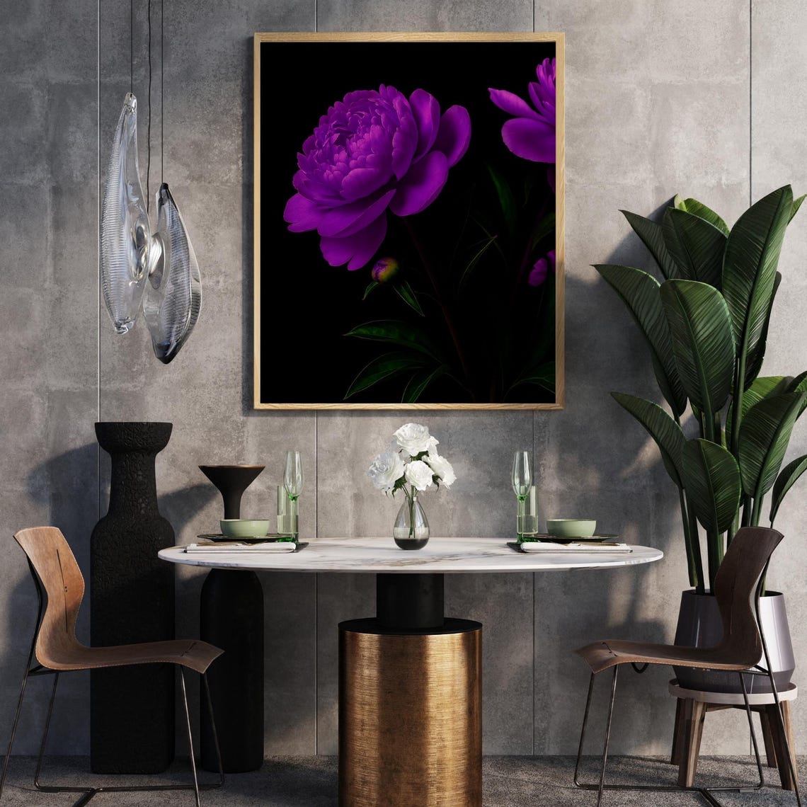 Purple Peony Flower Black Background Editorial Botanical Poster