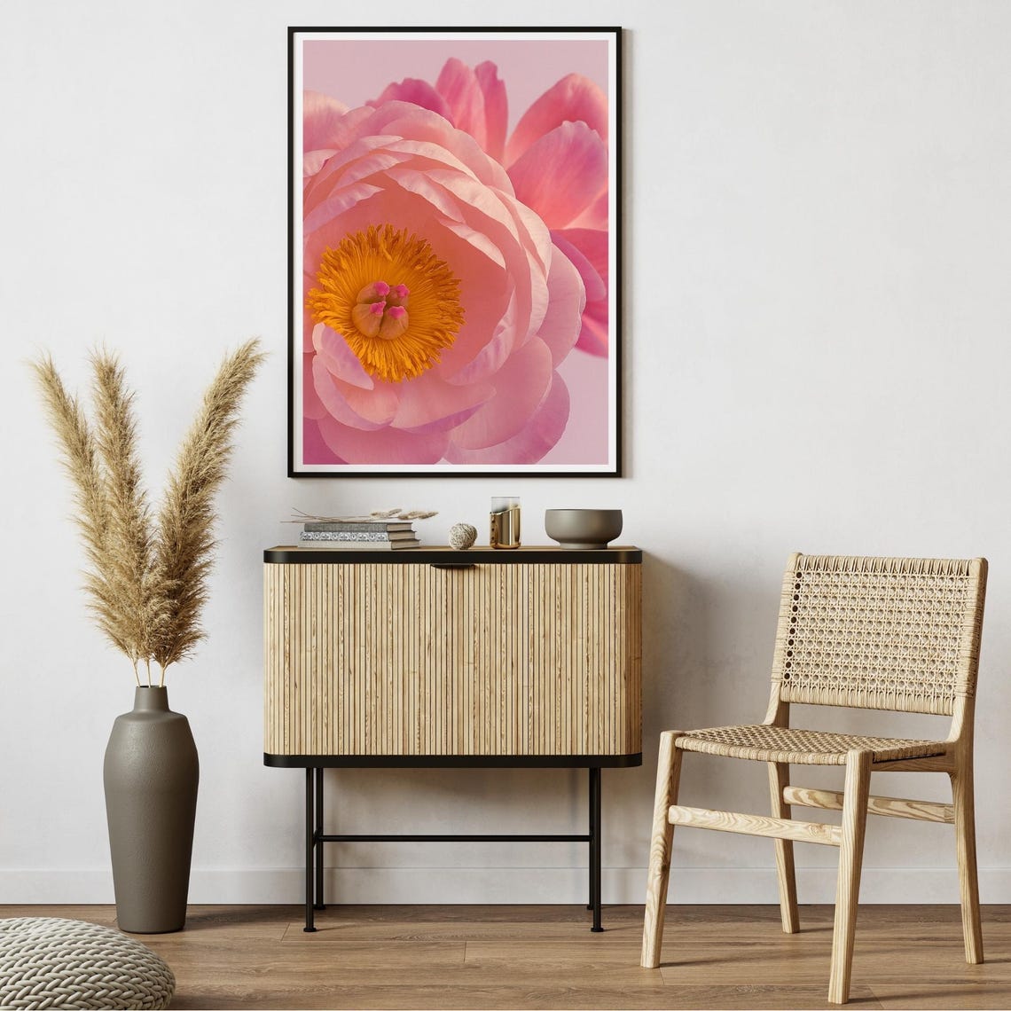 Pink Peony Bloom Orange Stamen Closeup Pastel Botanical Floral Poster