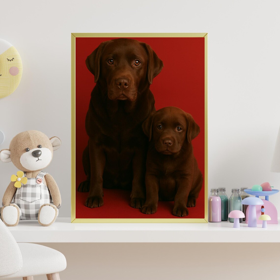 Chocolate Lab Mom And Puppy, Nursery Animal Poster