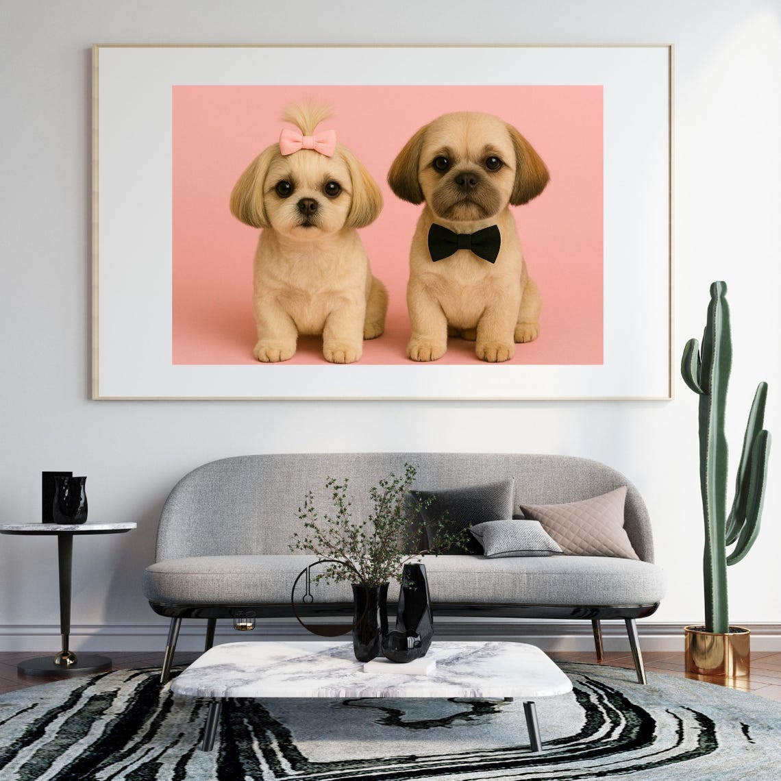 Cute Puppy Pair Portrait Adorable Bow Tie Pink Background Poster