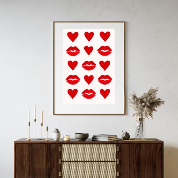 Abstract Wall Art Valentines Day Decor Cute Romantic Kiss Me Good Print Heart Kisses Typography Kissing