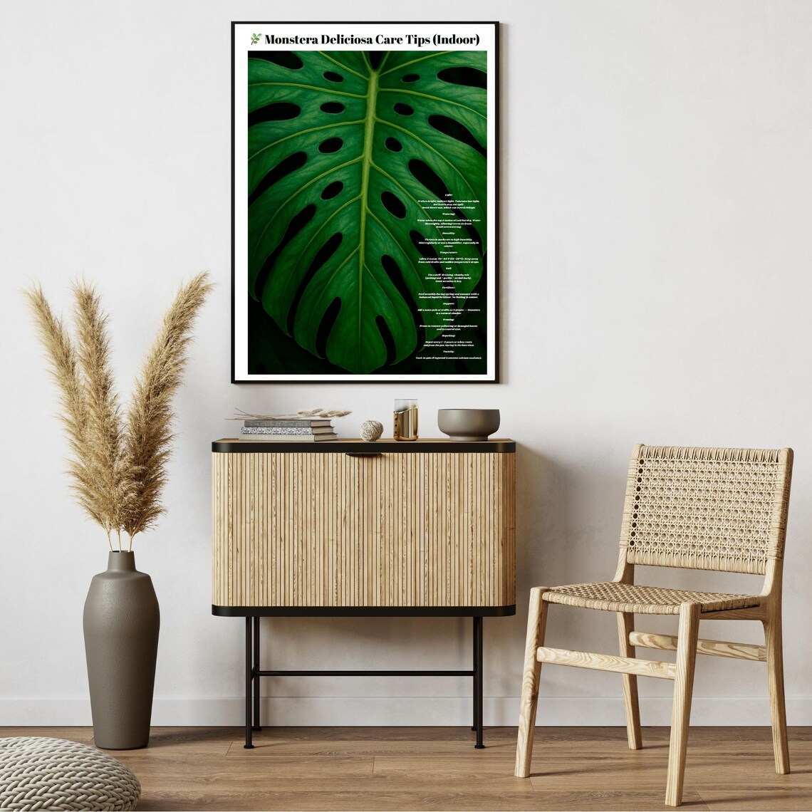 Minimalist Monstera Art Print, Tropical Leaf Care Chart