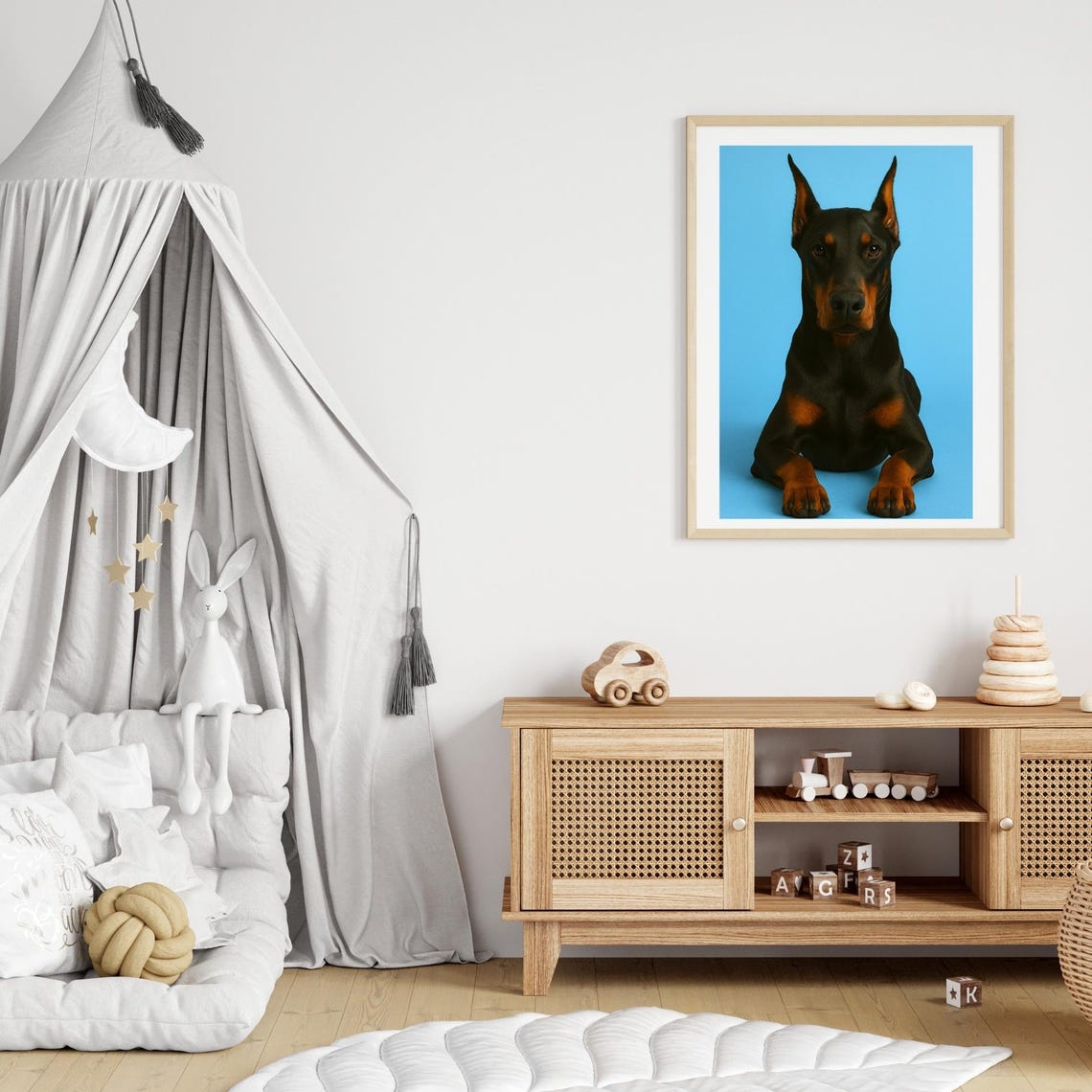 Doberman Portrait Lying Pose Blue Background Bold Dog Art Poster