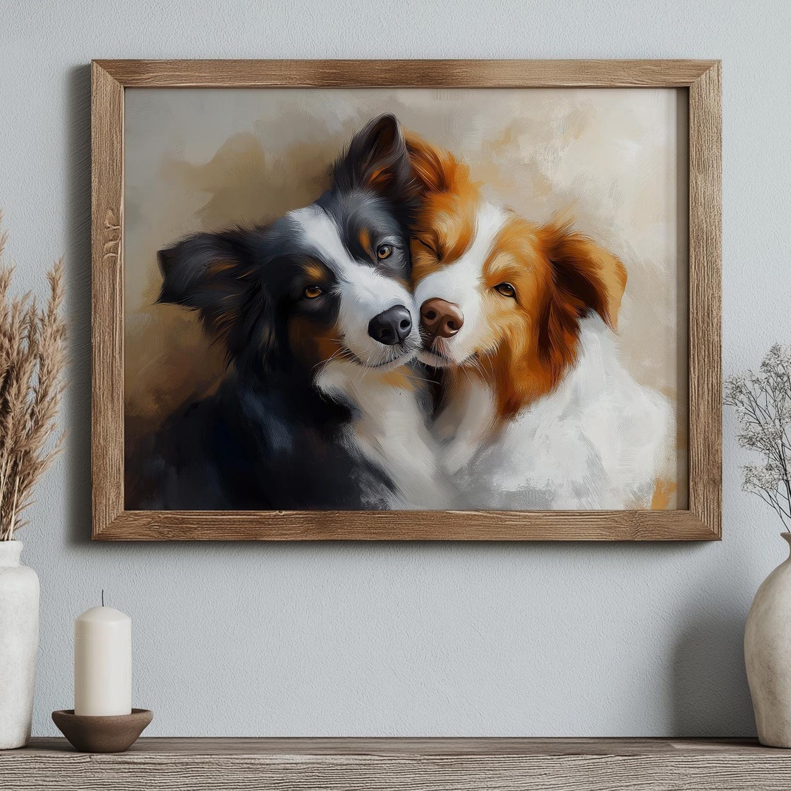 Two Cuddling Dogs Warm Painted Canine Portrait Pet Lover Wall Art