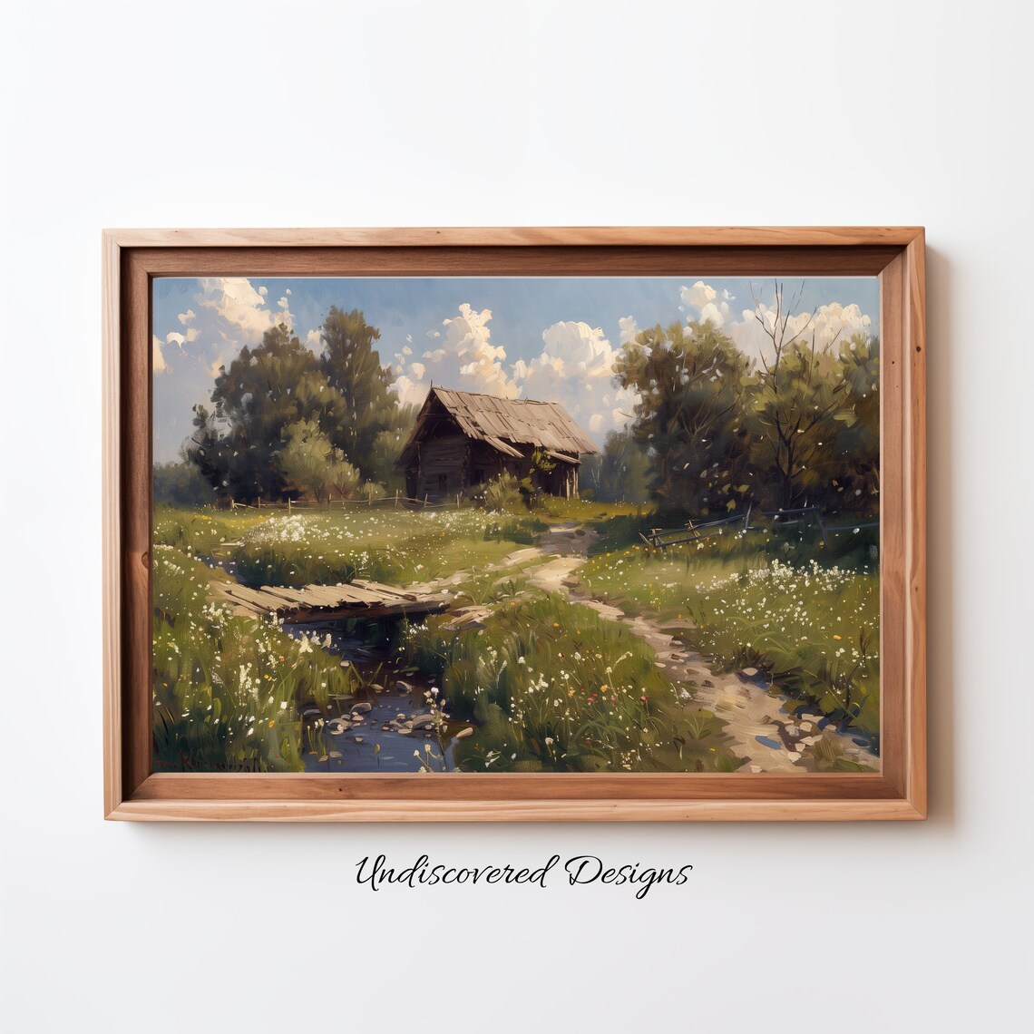 Rustic Old Barn Stream Meadow Vintage Countryside Oil Painting Poster