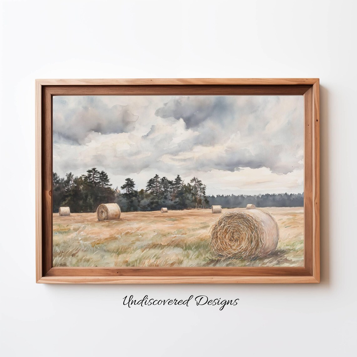 Hay Bales in Golden Field Watercolor Farm Landscape Art Print