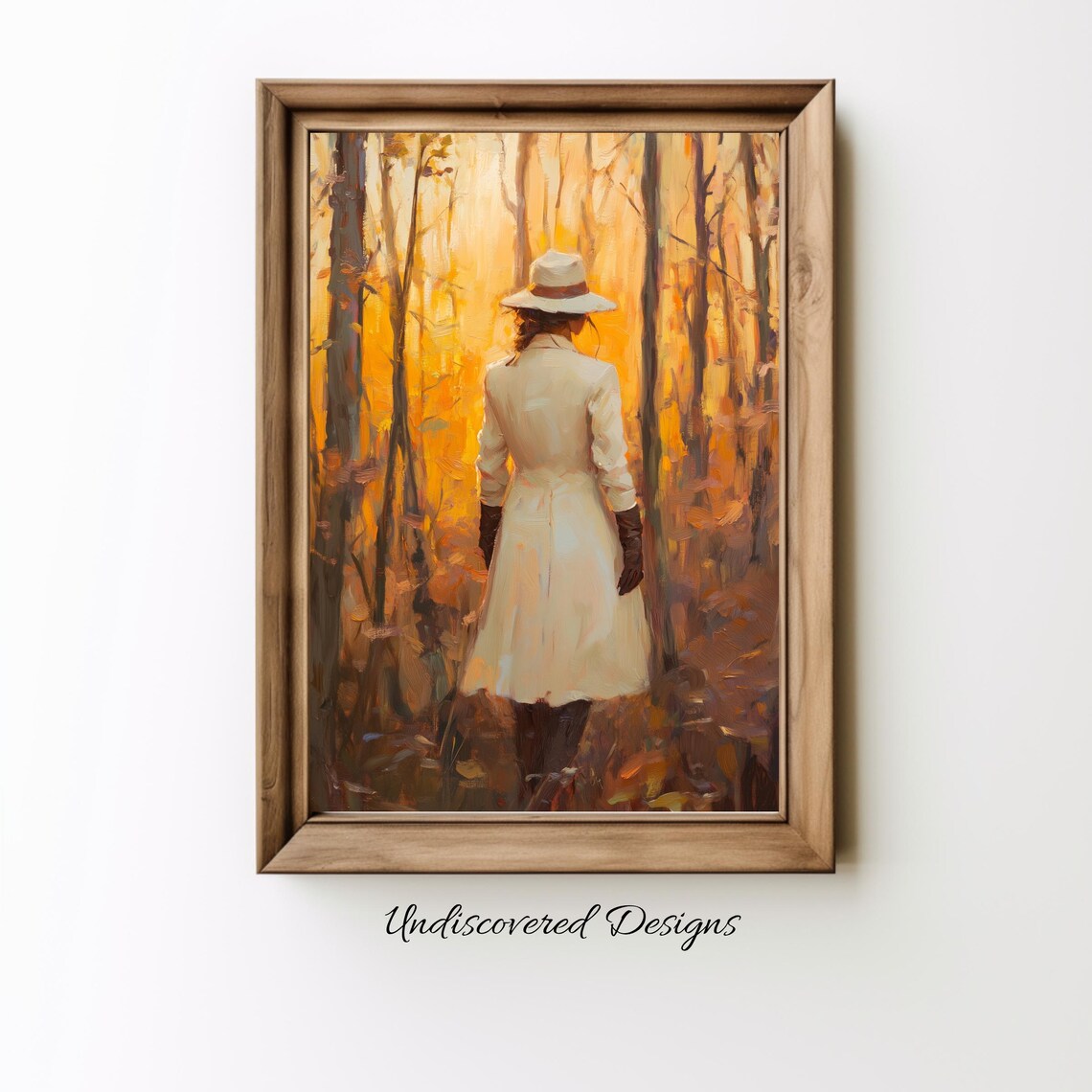 Woman Walking in Golden Autumn Woods Vintage Oil Painting Poster