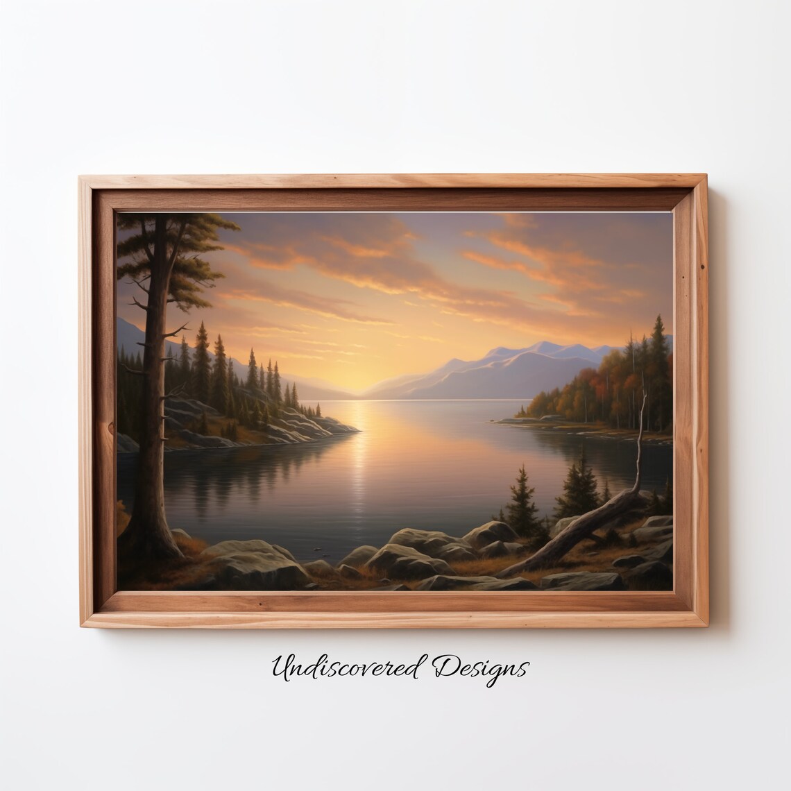 Mountain Lake Sunrise Over Pine Forest Golden Calm Art Poster