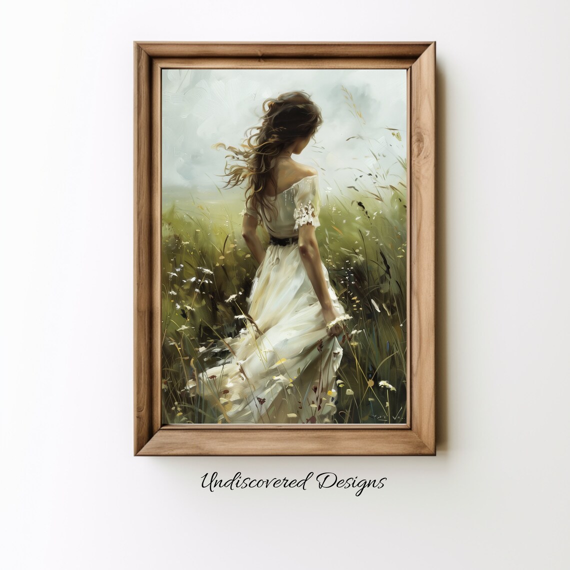 Windy Woman In White Dress Walking Through Summer Meadow Poster