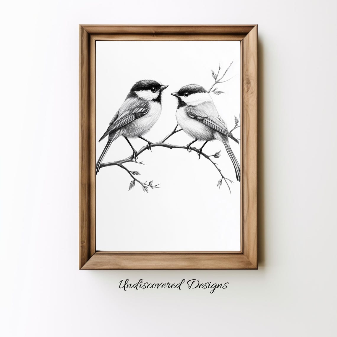 Chickadee Pair Sketch Black And White Bird Branch Drawing Poster