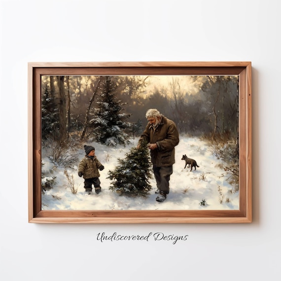 Grandfather And Child Cutting Christmas Tree Snowy Woods Vintage Poster