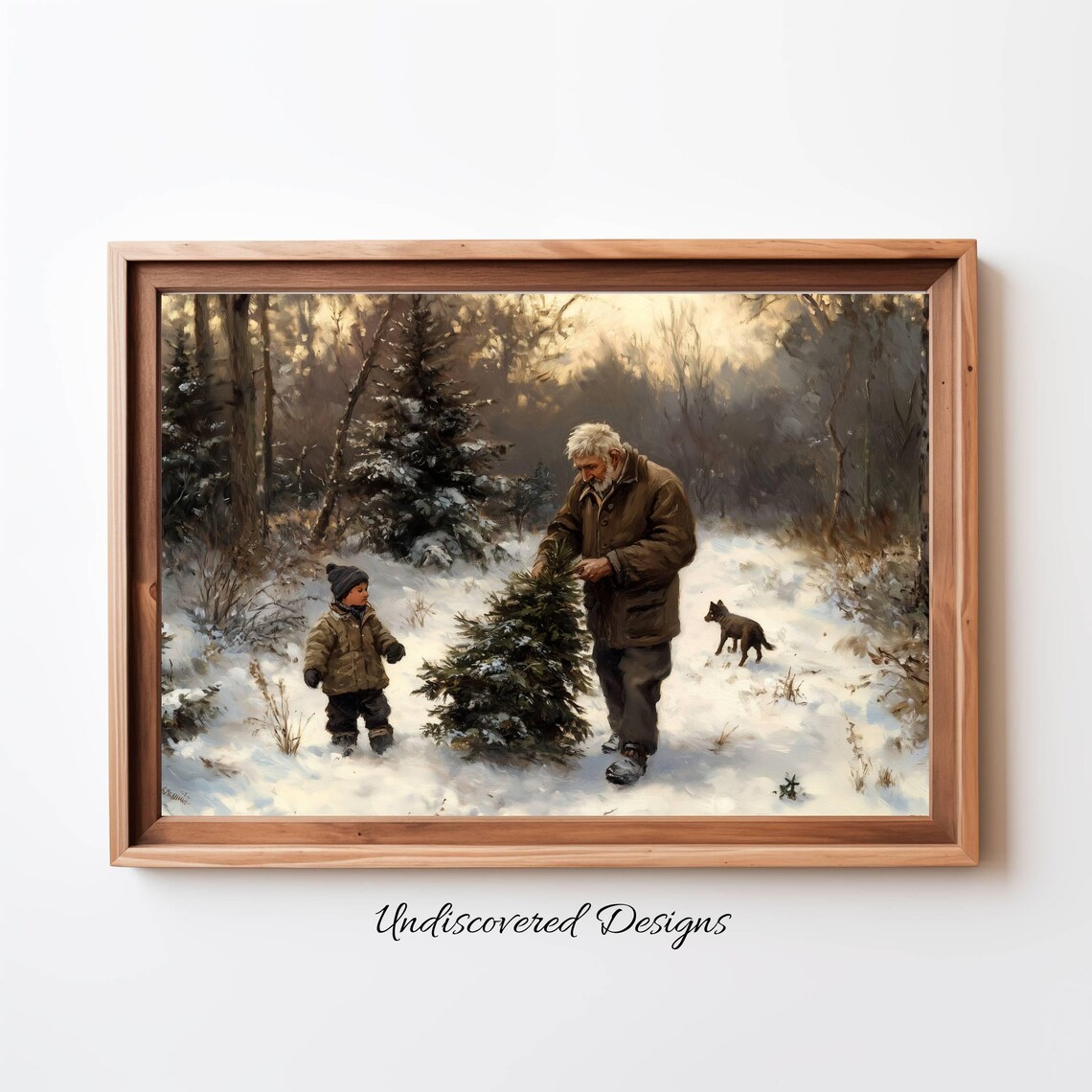 Grandfather And Child Cutting Christmas Tree Snowy Woods Vintage Poster