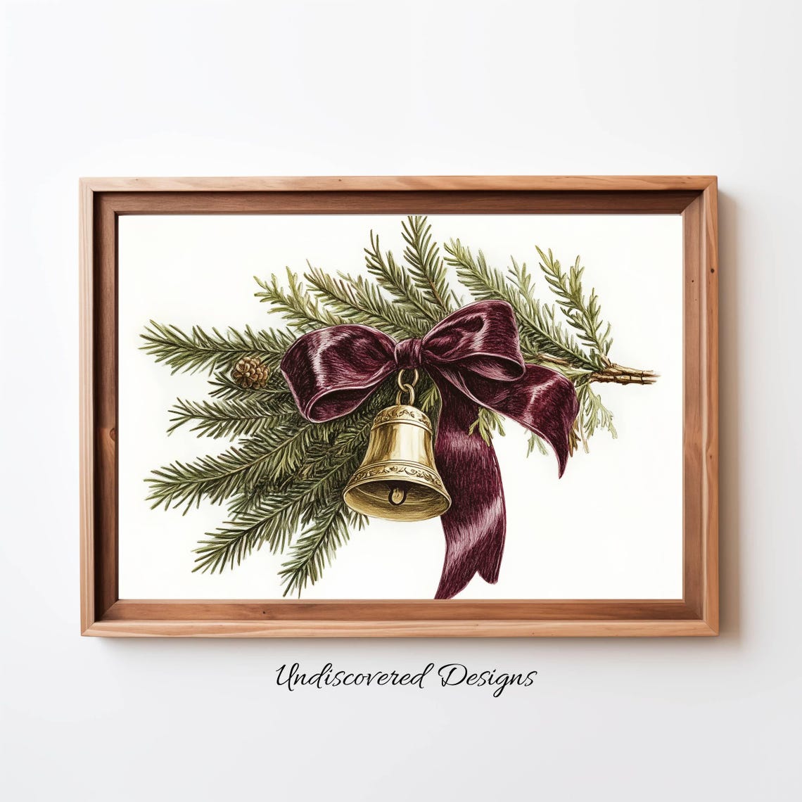 Evergreen Branch with Gold Bell Burgundy Bow Christmas Poster