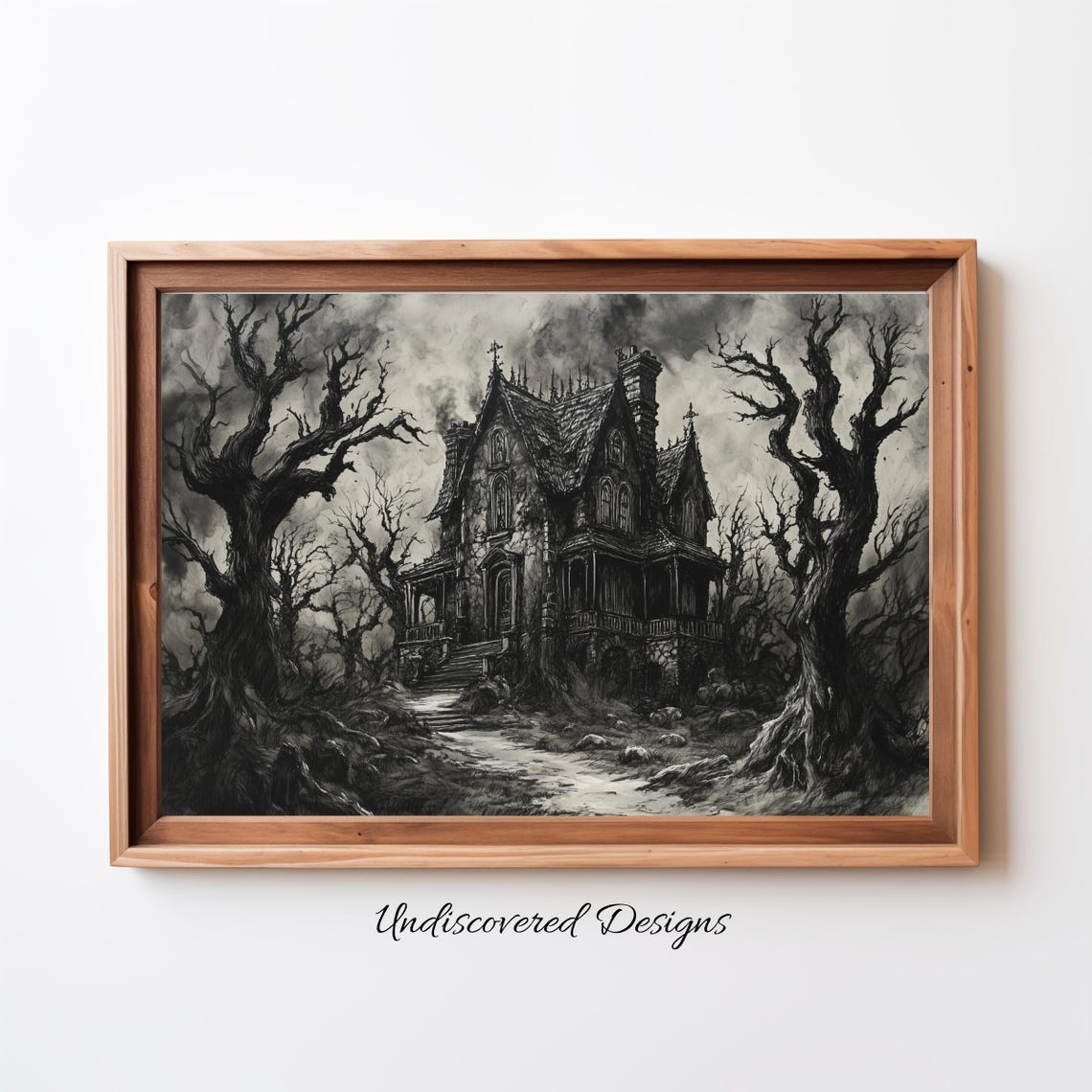 Gothic Haunted House Black White Spooky Manor Painting Poster