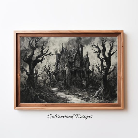 Haunted House Spooky Halloween Art Dcor Wall Vintage Prints Oil Painting