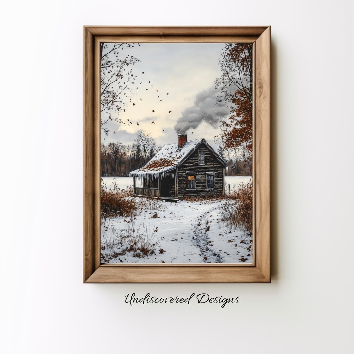 Cozy Old Wooden Farmhouse in Snowy Winter Landscape Art Poster