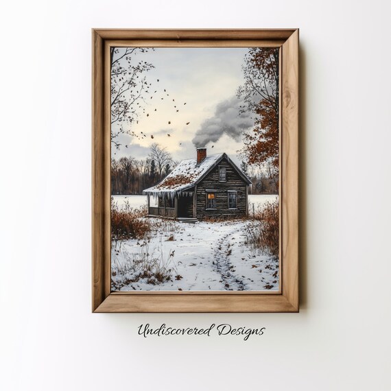 Cozy Old Wooden Farmhouse in Snowy Winter Landscape Art Poster