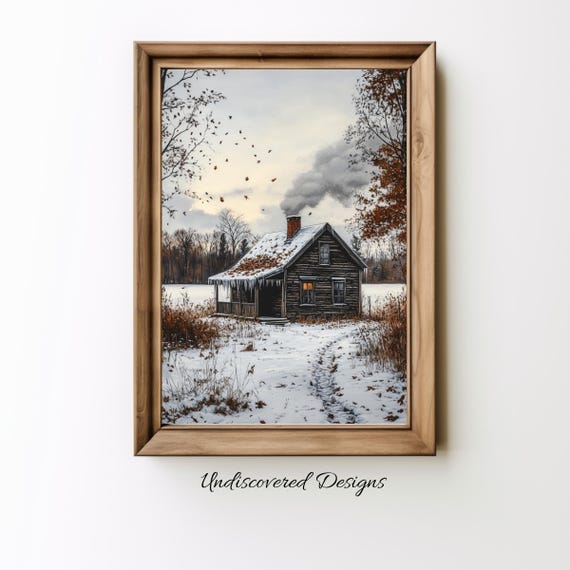 Winter Farmhouse Print Old Wooden House In Snow