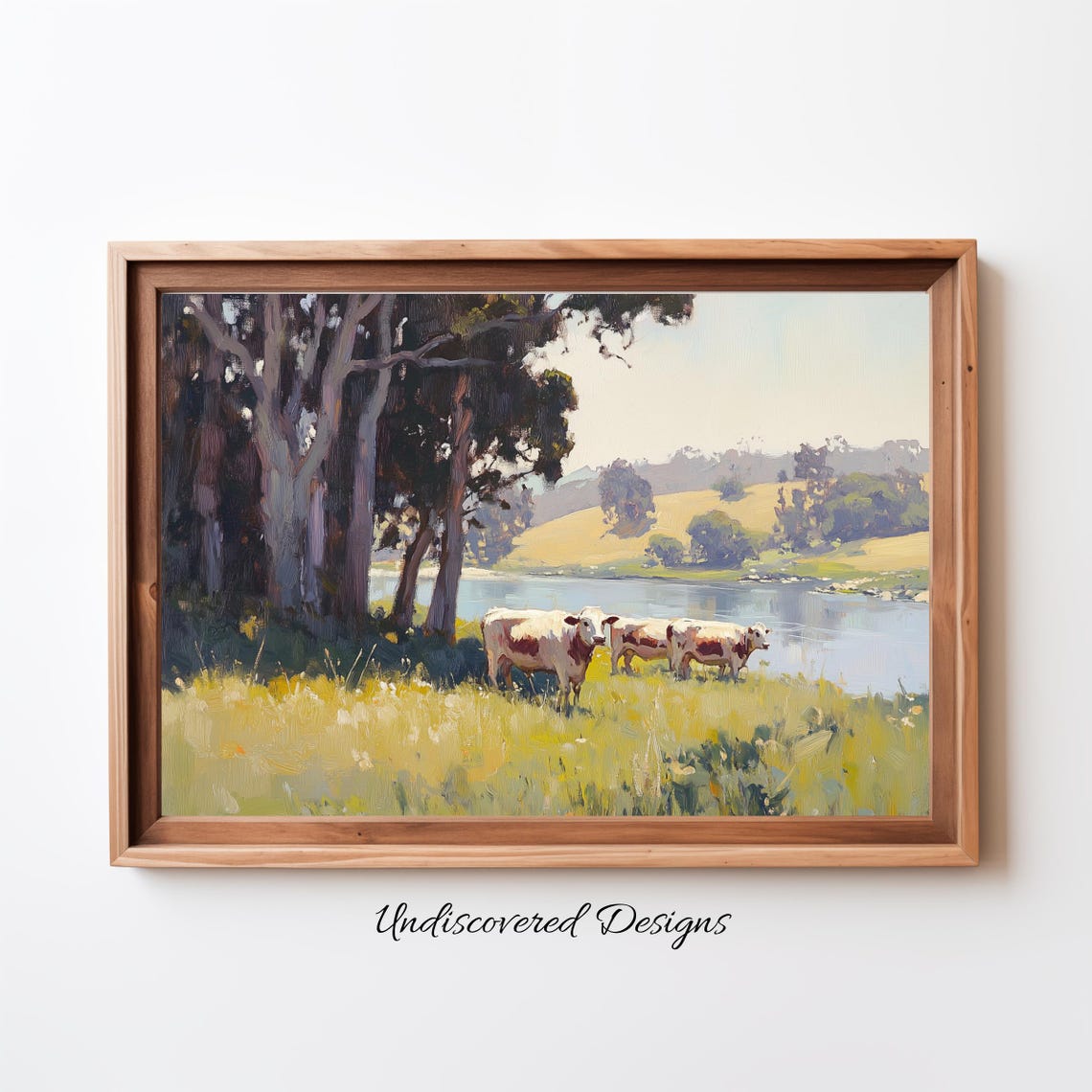 Vintage Cows by the River Summer Meadow Oil Painting Rustic Poster