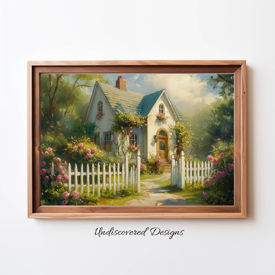 Rose Garden Cottage Picket Fence Vintage Floral Landscape Art Poster