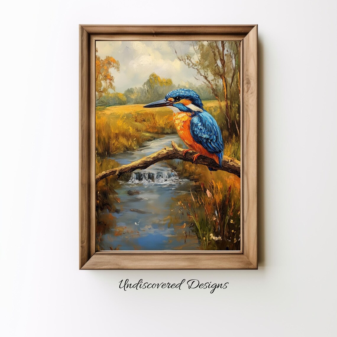 Vintage Kingfisher Oil Painting Perched by a Stream Nature Poster