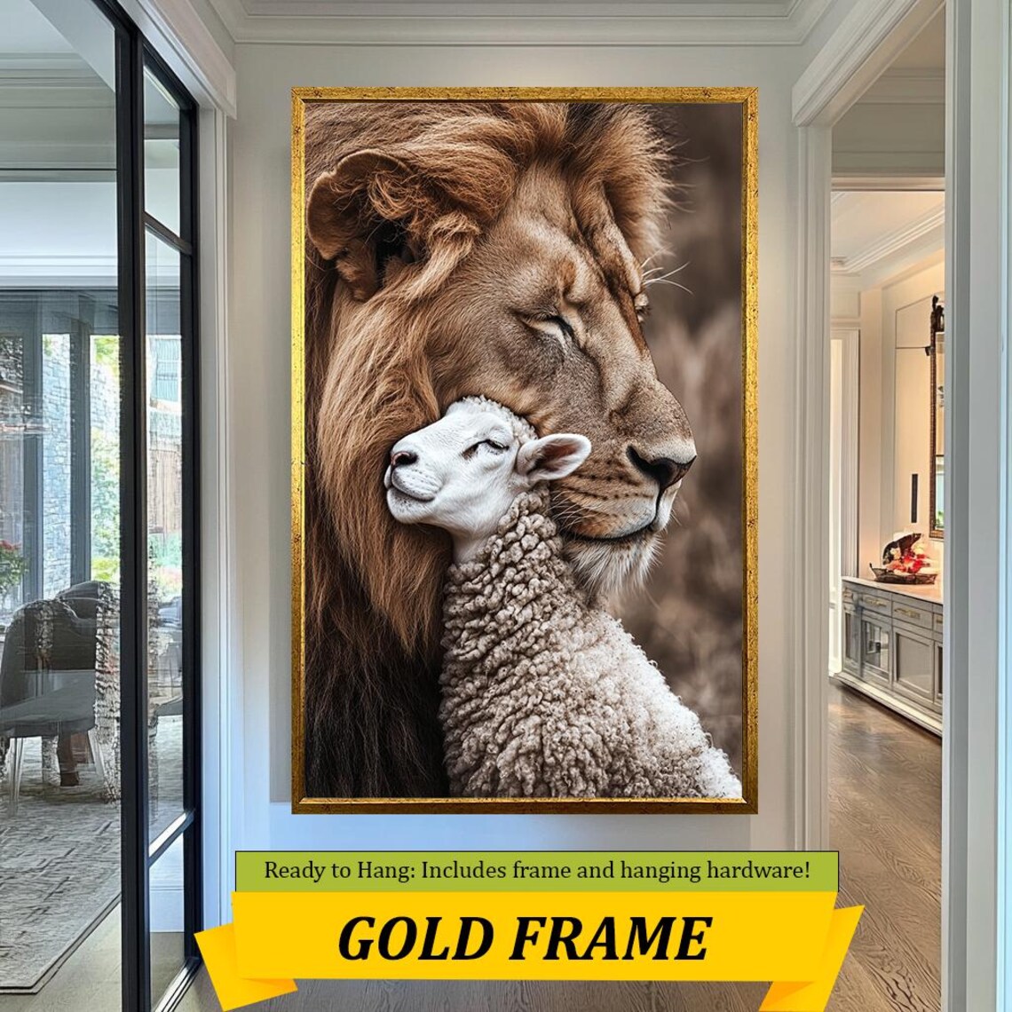 Lion And Lamb Embrace Peaceful Portrait Warm Faith Harmony Wall Art - Image 5
