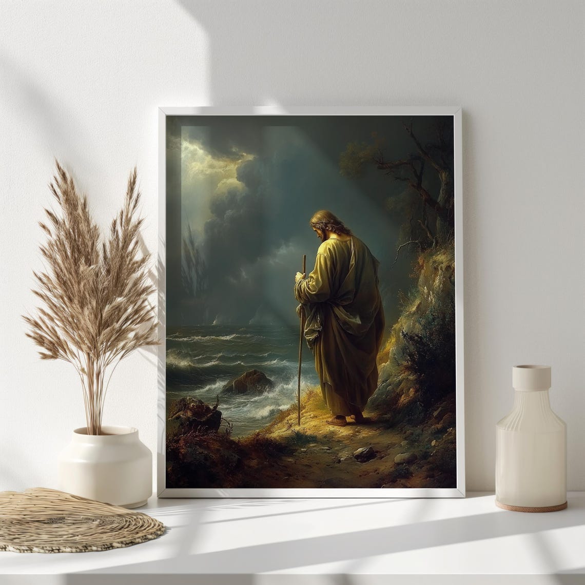 Jesus As Shepherd With Staff On Stormy Rocky Seashore Moody Wall Art - Image 5